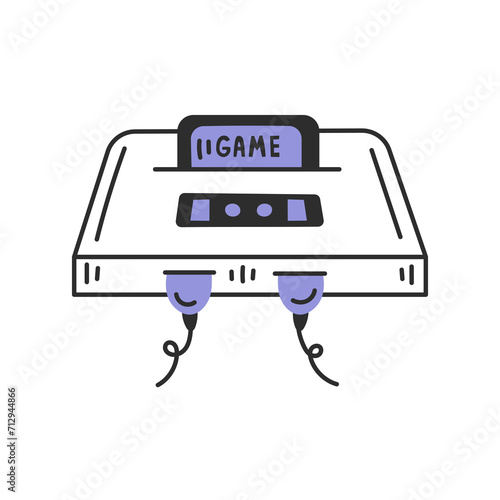 Vintage video game console with cartridge. Retro electronic device with buttons and wire. Outline vector illustration in doodle style