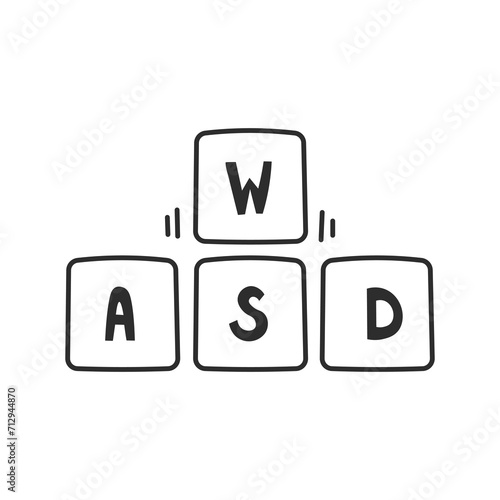 WASD keyboard buttons. Hand drawn vector illustration. Doodle computer game symbol. Black outline on white background. photo