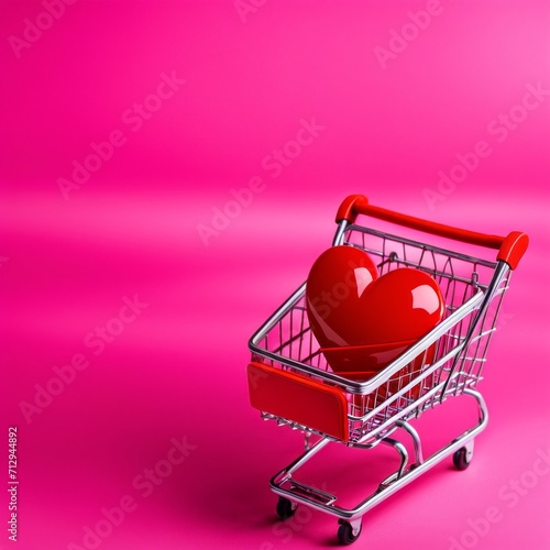 Shopping cart with red heart on pink background
