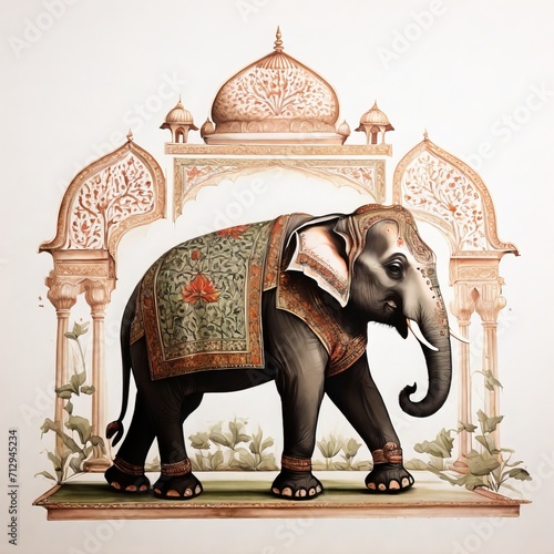 pattern Mughal peacock elephant painting on white background with AI Generative Technology