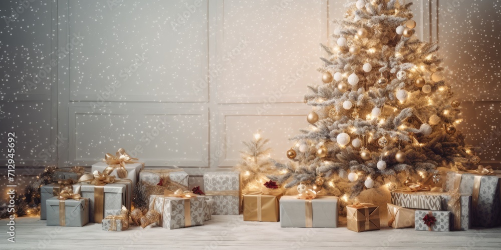 Holiday-themed designer decorations, including light features, enhancing the festive spirit and joy with presents wrapped in crafty packaging beneath the adorned tree.