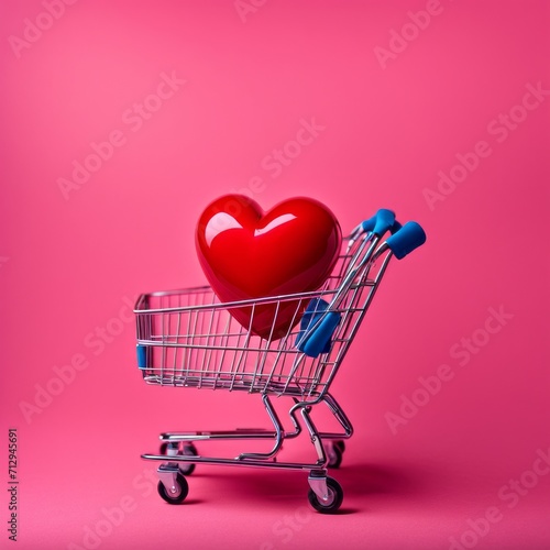 Shopping cart with red heart on pink background