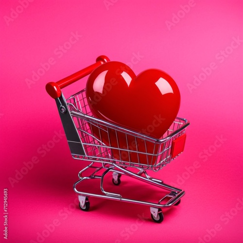 Shopping cart with red heart on pink background