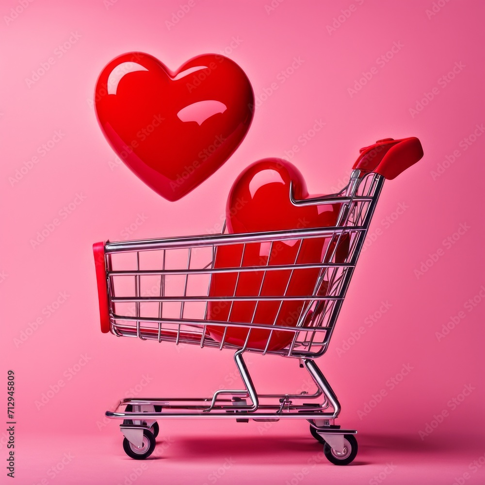 Shopping cart with red heart on pink background Shopping cart with red heart on pink background