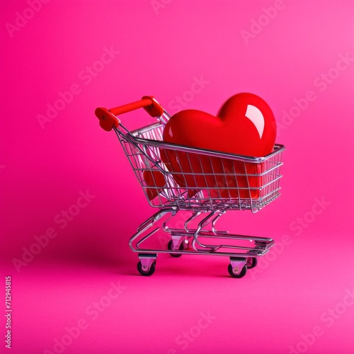 Shopping cart with red heart on pink background