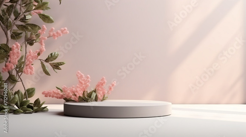 3d rendered studio with spring branches and leaves