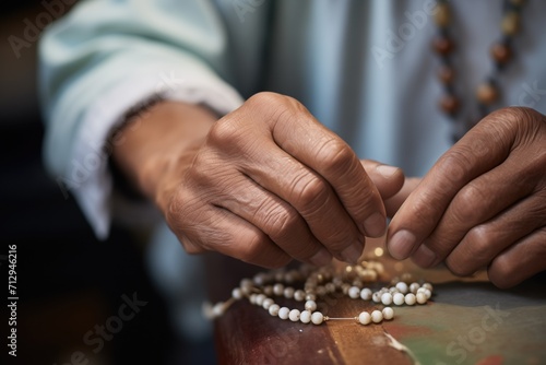closeup of jewelers hands stringing pearls