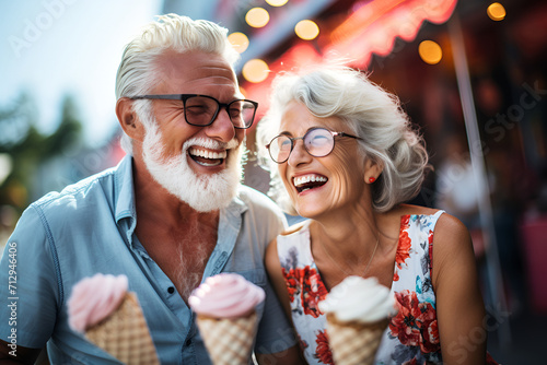 Cheerful senior couple eating icecream cone. Joyful elderly lifestyle concept. Two senior people white haired