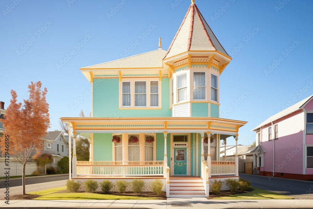 clean, angled shot of a colorful victorian corner house