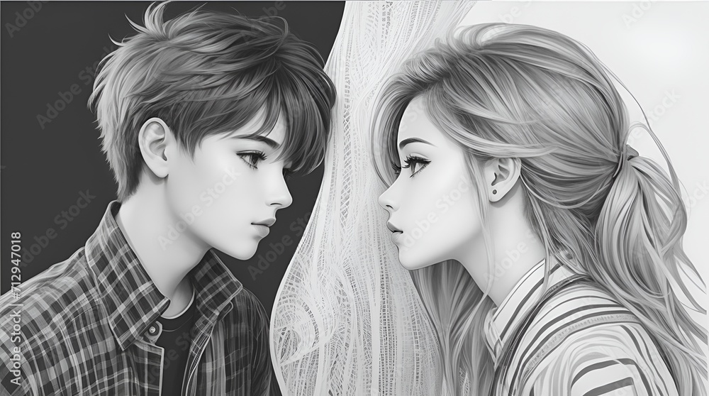 A captivating black and white artwork depicts a couple lost in each other's eyes, immersed in the magic of a Valentine's Day concert. A captivating black and white artwork depicts a couple lost in each other's eyes, immersed in the magic of a Valentine's Day concert.