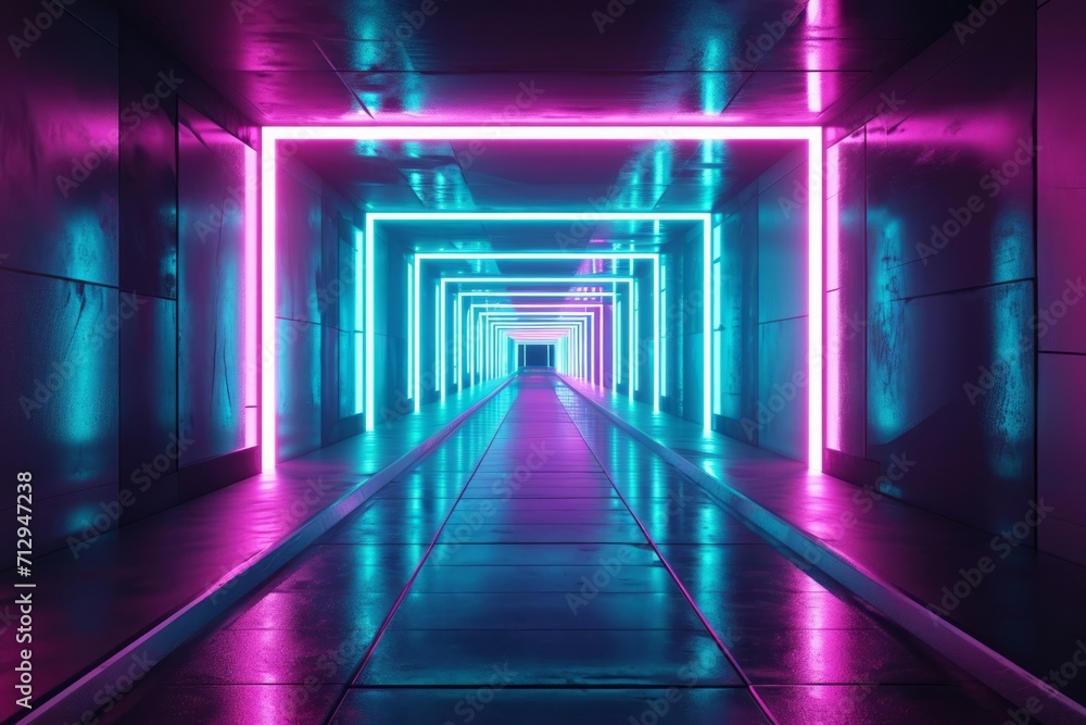 illustration of abstract background of futuristic corridor with purple and blue neon lights. Generative AI