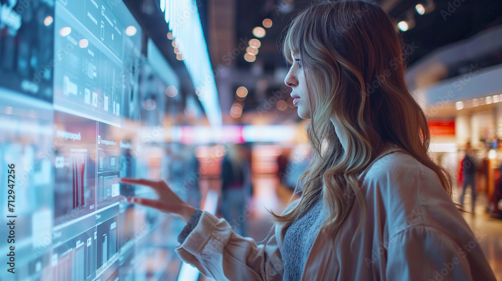 woman is interacting with a futuristic transparent digital screen in a store, browsing through options with a focused expression AR, AI woman is interacting with a futuristic transparent digital screen in a store, browsing through options with a focused expression AR, AI