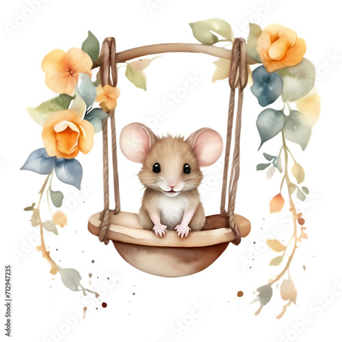 cute little mouse on a swing with colorful flowers photo