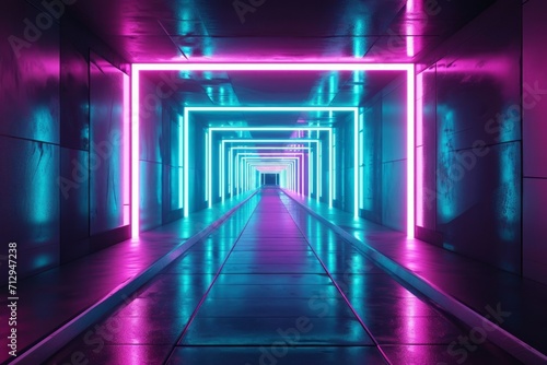 illustration of abstract background of futuristic corridor with purple and blue neon lights. Generative AI © Zero Zero One