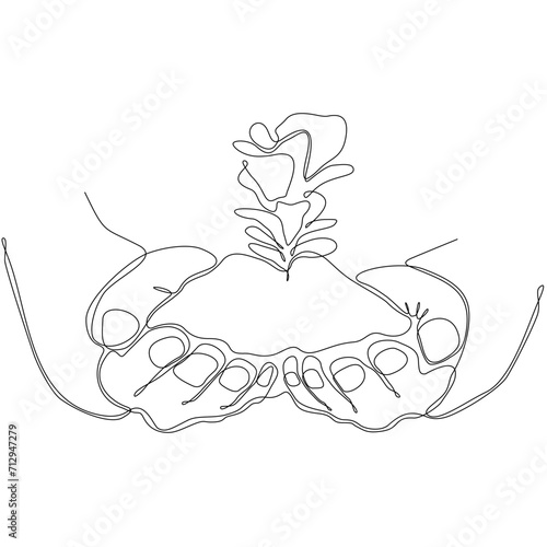 Farmer's hand drawing a straight line is planting seeds into the ground. Hands holding tree in grass field nature. Agricultural ecology concept. Graphic design vector