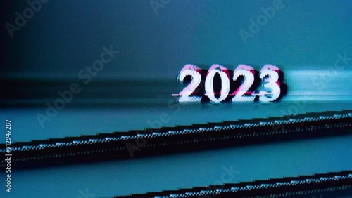 2023 numbers stretch and bend distorting against blue background shaking all over screen photo