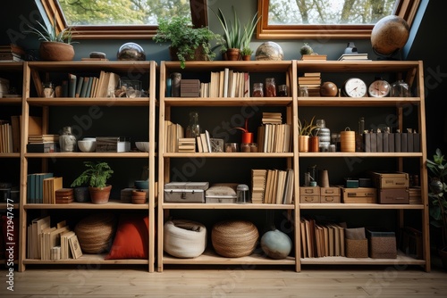 Bookshelf in the room. The concept of storage and organizing order