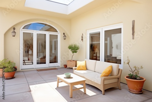 sunlit patio with stucco walls and arched openings
