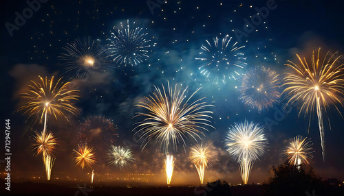 Image illustration of a fireworks display. Multiple bright fireworks shooting up into the night sky. © seven sheep