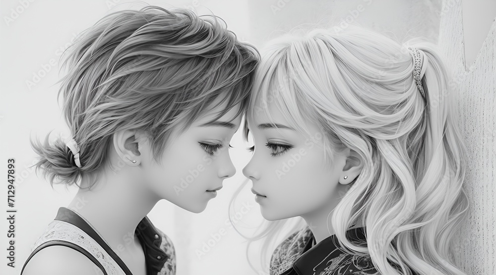 A romantic couple gazes into each other's eyes in a black and white drawing, capturing the essence of a Valentine's Day concert. portrait of a couple A romantic couple gazes into each other's eyes in a black and white drawing, capturing the essence of a Valentine's Day concert. portrait of a couple
