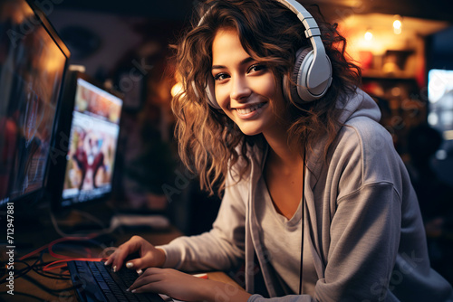 happy young girl gamer streamer with headphones streams, plays and works at computer online at home photo