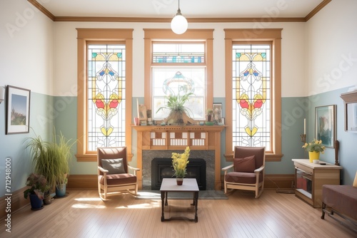 stained glass windows set in a victorian home faade