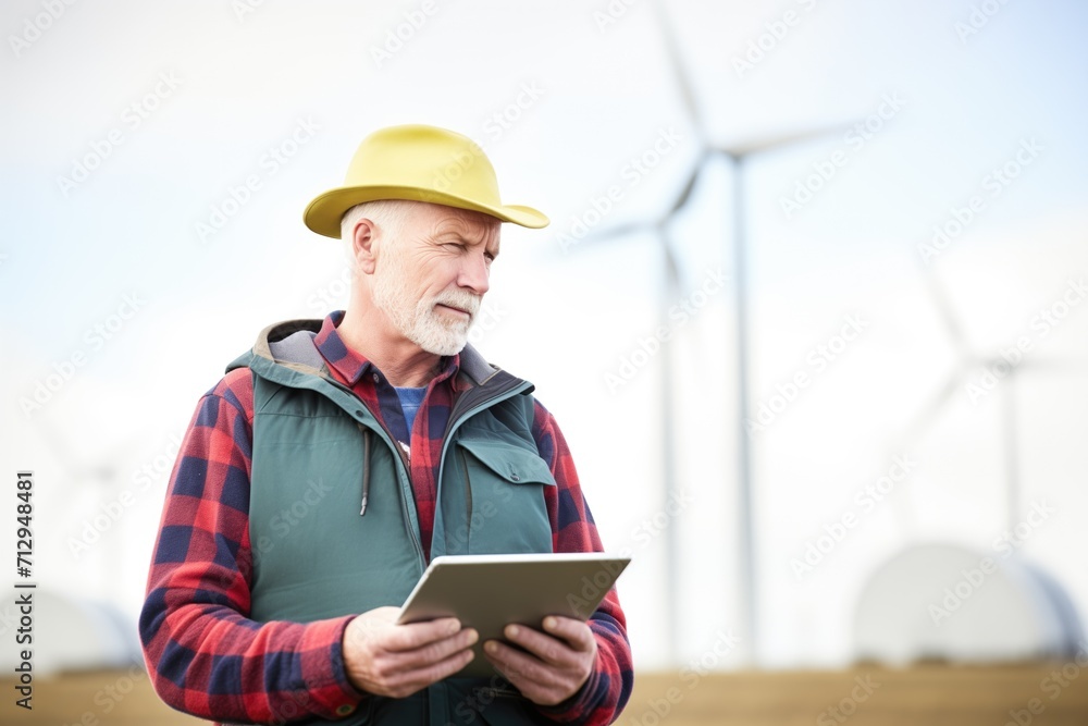 farmer using a digital tablet in front of a wind turbine farmer using a digital tablet in front of a wind turbine
