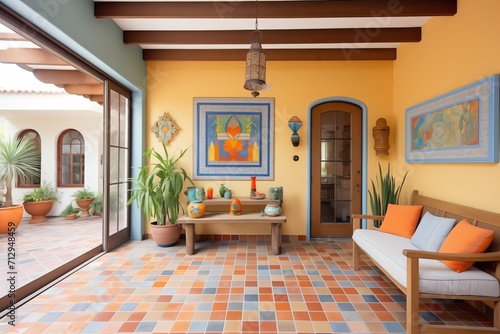 spanish style patio with terracotta floor and wall hangings