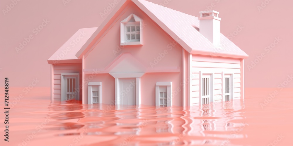 cute 3D a House flooding, clay icon rendered, soft pastel color, blender, plain surface