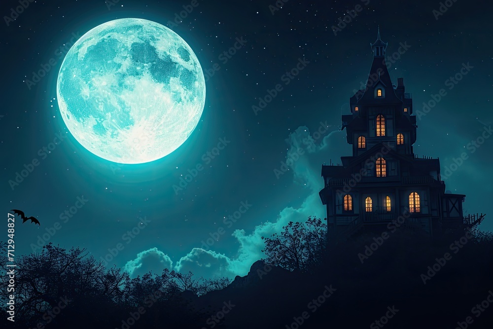 A spooky silhouette of a haunted house against a full moon in the night sky Halloween background with haunted house