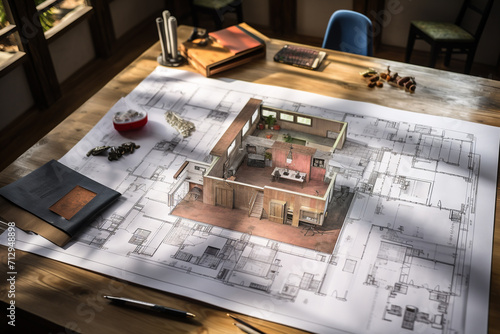 Architecture and design concept. Top view of abstract architecture drawing and planning background illustration. Flat or house visualization and floor plan illustration