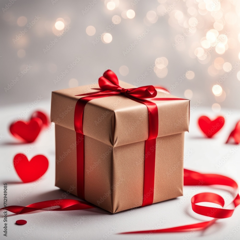 Gift box with craft paper and red ribbon. Two hearts and bokeh background. Valentine's Day Greeting Card. Gift box with craft paper and red ribbon. Two hearts and bokeh background. Valentine's Day Greeting Card.