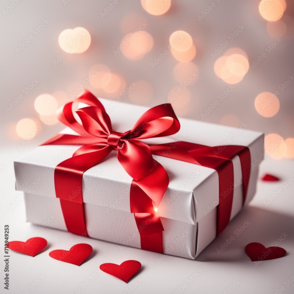 Gift box with craft paper and red ribbon. Two hearts and bokeh background. Valentine's Day Greeting Card. Gift box with craft paper and red ribbon. Two hearts and bokeh background. Valentine's Day Greeting Card.