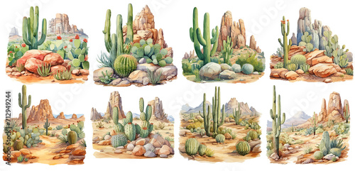 Set of watercolor cactuses in desert Sticker, Clipart, PNG, generated ai