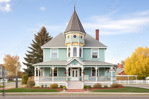 victorian home with a freshly painted turret and trim photo