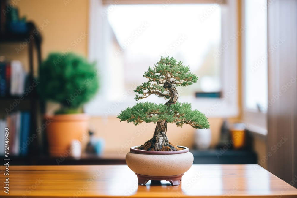 Fototapeta premium freshly repotted bonsai tree with soil and pot in view