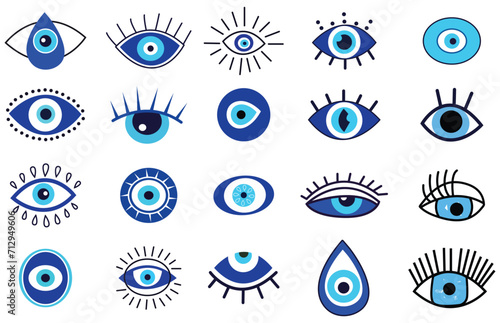 Evil eye talisman icons. Turkish or greek eye symbols. Greece ethnic magic amulet. Mystical blue Hamsa icons set in hand drawn style. Nazar amulet symbol. Vector illustration isolated in doodle style.