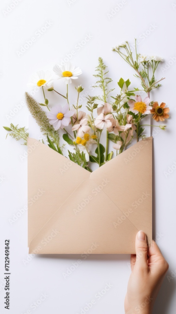A person holding an envelope with flowers in it A person holding an envelope with flowers in it