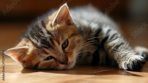 A small kitten laying on a wooden floor