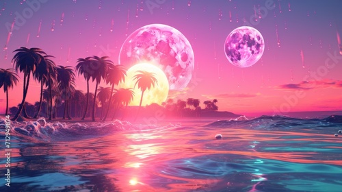 A sunset scene with palm trees and the moon