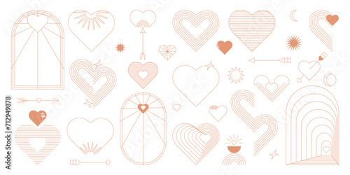 Abstract minimalist love symbols in line art style. Valentine's Day linear graphic elements set. Bohemian hearts, arrows, frames design. Vector illustration isolated on white background