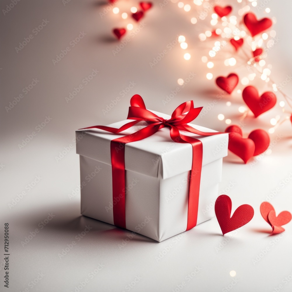 Gift box with craft paper and red ribbon. Two hearts and bokeh background. Valentine's Day Greeting Card. Gift box with craft paper and red ribbon. Two hearts and bokeh background. Valentine's Day Greeting Card.