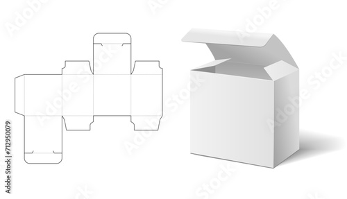 An empty mockup of box die cut paper carton packaging layout with blueprint. 3D dummy container mockup of square food, medical pack. Vector cardboard packaging template for branding. Mock-up. 1x1 box