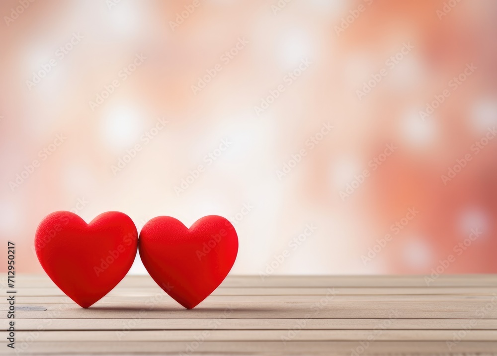 Valentines day background with two red hearts on wooden table Valentines day background with two red hearts on wooden table