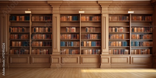 Empty luxury library with wooden furniture and bookcases in house, store or university.