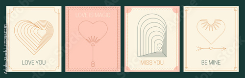 Abstract minimalist Valentine's Day greeting cards design template set. Geometric Heart shape icons. Vector illustration in line art vintage style