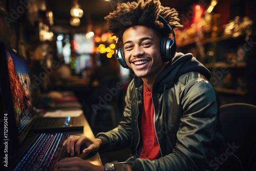 Happy young smiling black teen gamer streamer playing online games in front of computer monitor