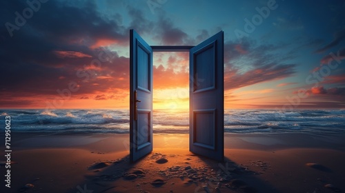 Opened Door on Beach. New, Journey, Adventure, Start, Begin, Life, Change, Path

