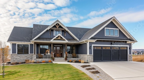 Home with gray siding and a garage with black doors photo