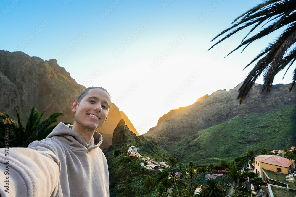 Man Taking Selfie in Front of Tenerife Mountain